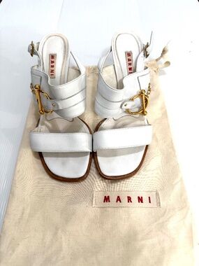 MARNI Vintage White Leather Block Heel Sandals Gold Hardware Size 38.5